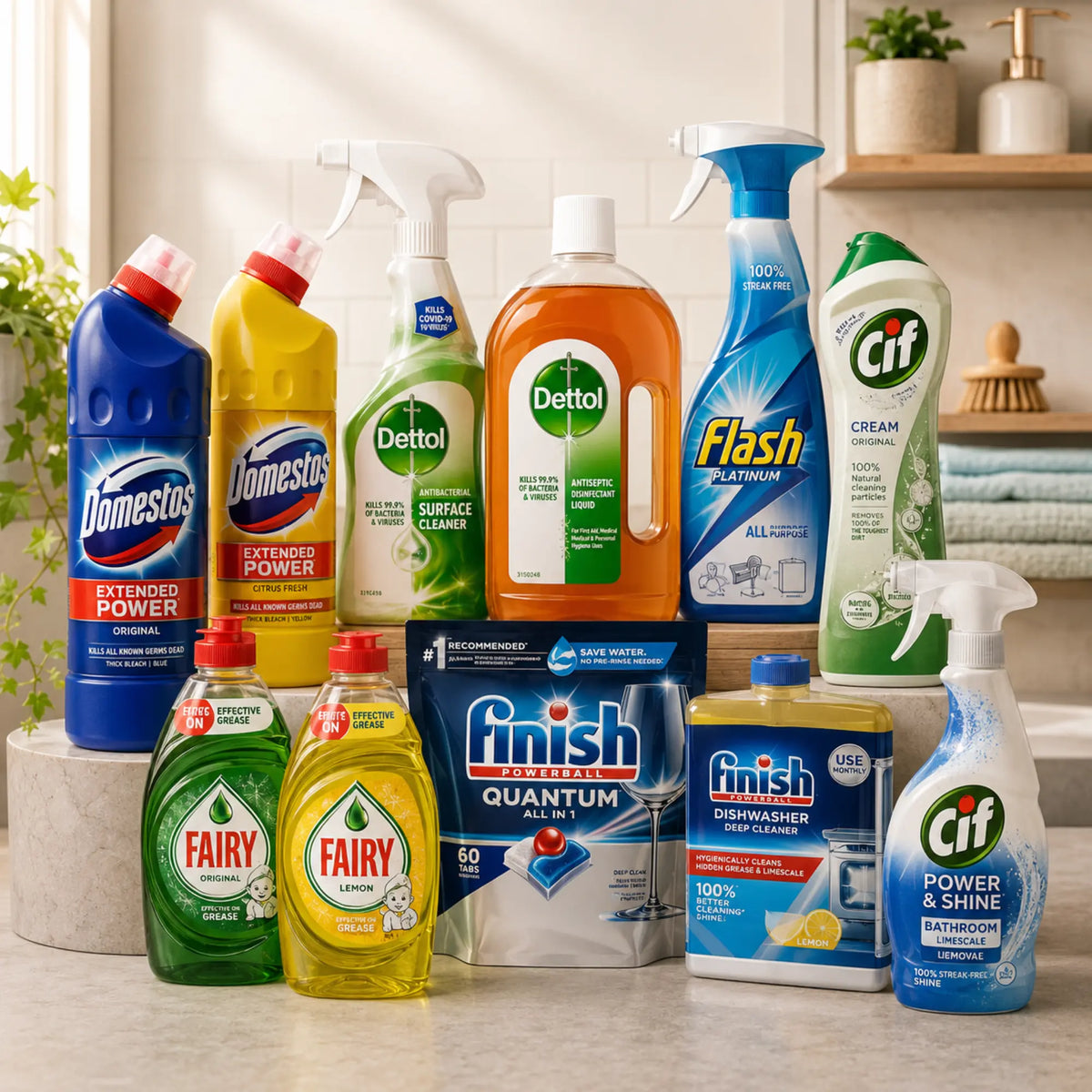 home care collection featuring Domestos bleach, Dettol disinfectant, Flash cleaner, Cif bathroom cleaner, Fairy washing-up liquid, and Finish dishwasher tablets arranged on a bright, clean kitchen counter.
