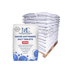 Pallet of 49x 25kg Water Softener Salt Tablets, ideal for long-term water softening and available across the UK at Buybyon.
