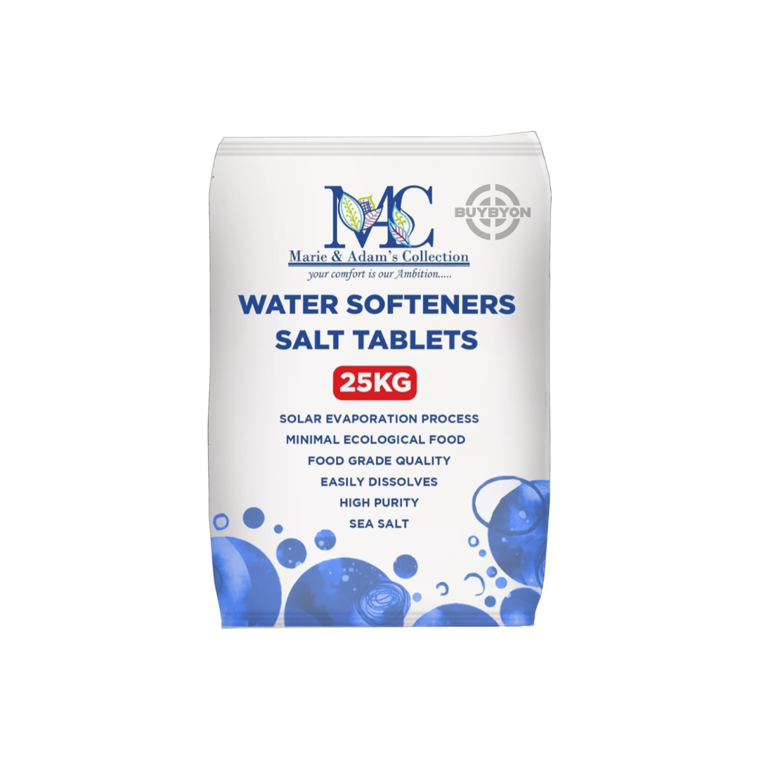 Water Softener Salt Tablets - 25kg pack, featuring high-purity tablets designed for effective water softening. Ideal for preventing limescale and protecting appliances, available across the UK at Buybyon.