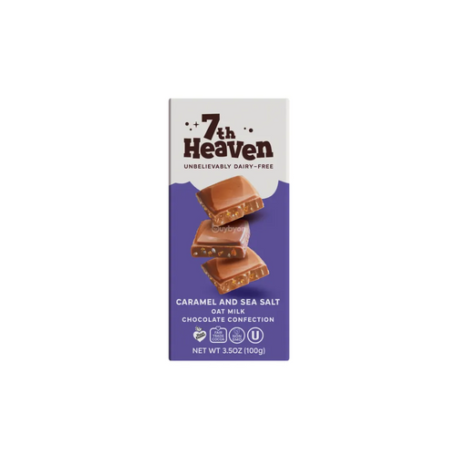 A 7th Heaven Caramel and Sea Salt Oat Milk Chocolate Confection bar in its retail packaging, featuring a purple and white box with an image of three chocolate pieces on a plain white background.