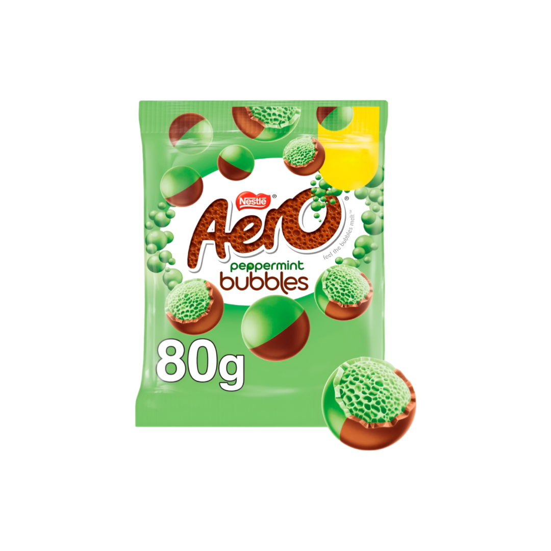 Aero Bubbles Peppermint Chocolate Sharing Bag - 80g, featuring light, bubbly milk chocolate with a peppermint flavour.