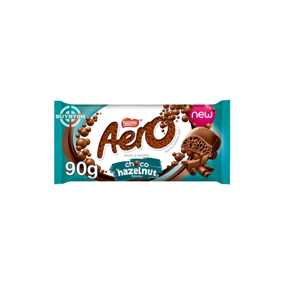 Aero Hazelnut Chocolate Sharing Bar - 90g, featuring light, bubbly milk chocolate with a hint of hazelnut flavour.