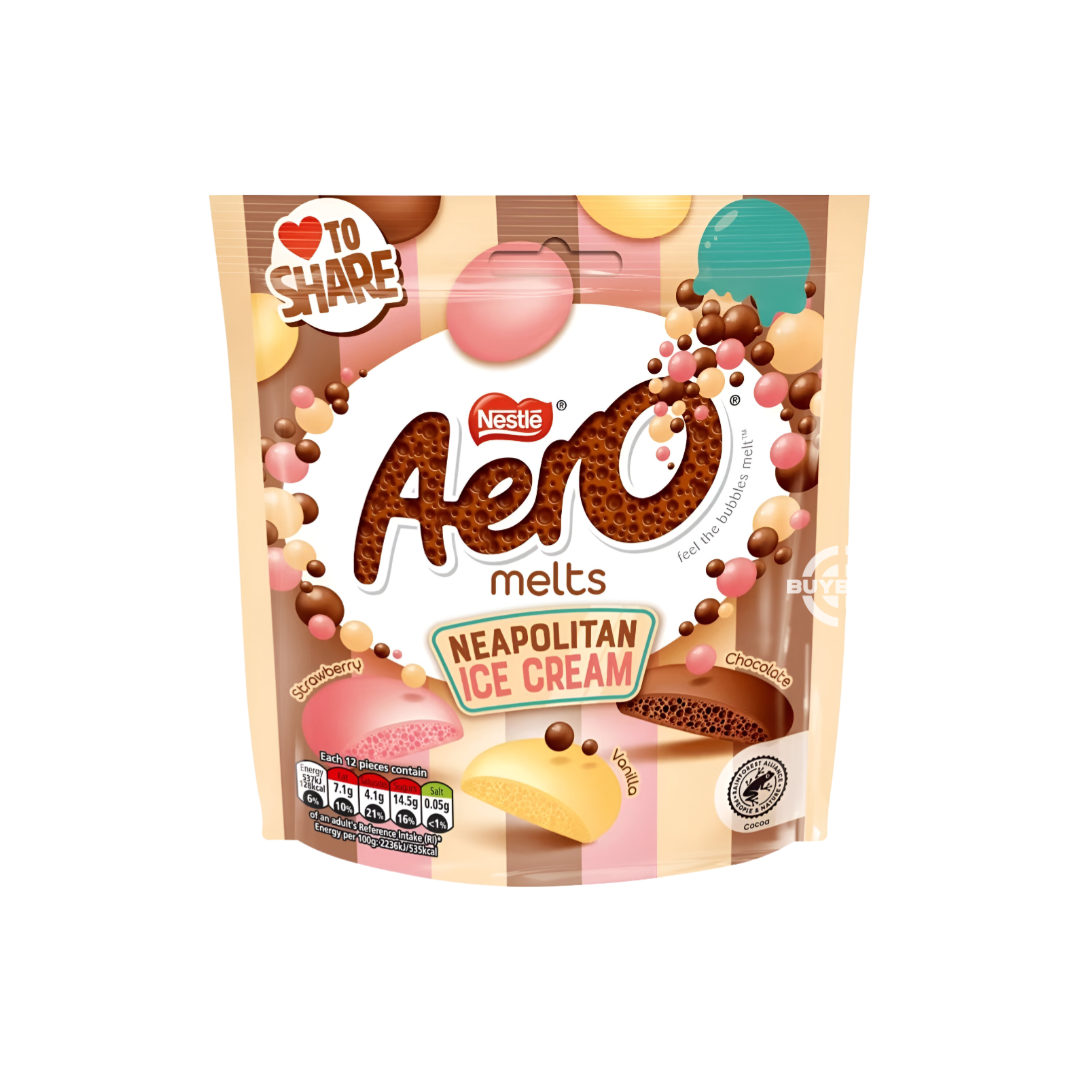 Aero Melts Chocolate Neapolitan Ice Cream Sharing Bag - 86g, featuring light, bubbly treats with chocolate, strawberry, and vanilla flavours.