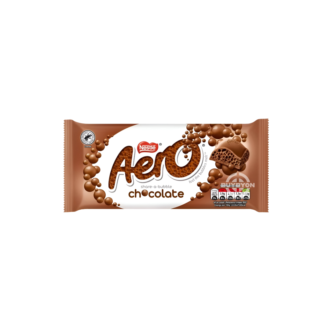 Aero Milk Chocolate Sharing Bar - 90g, featuring light and airy bubbles in a smooth milk chocolate