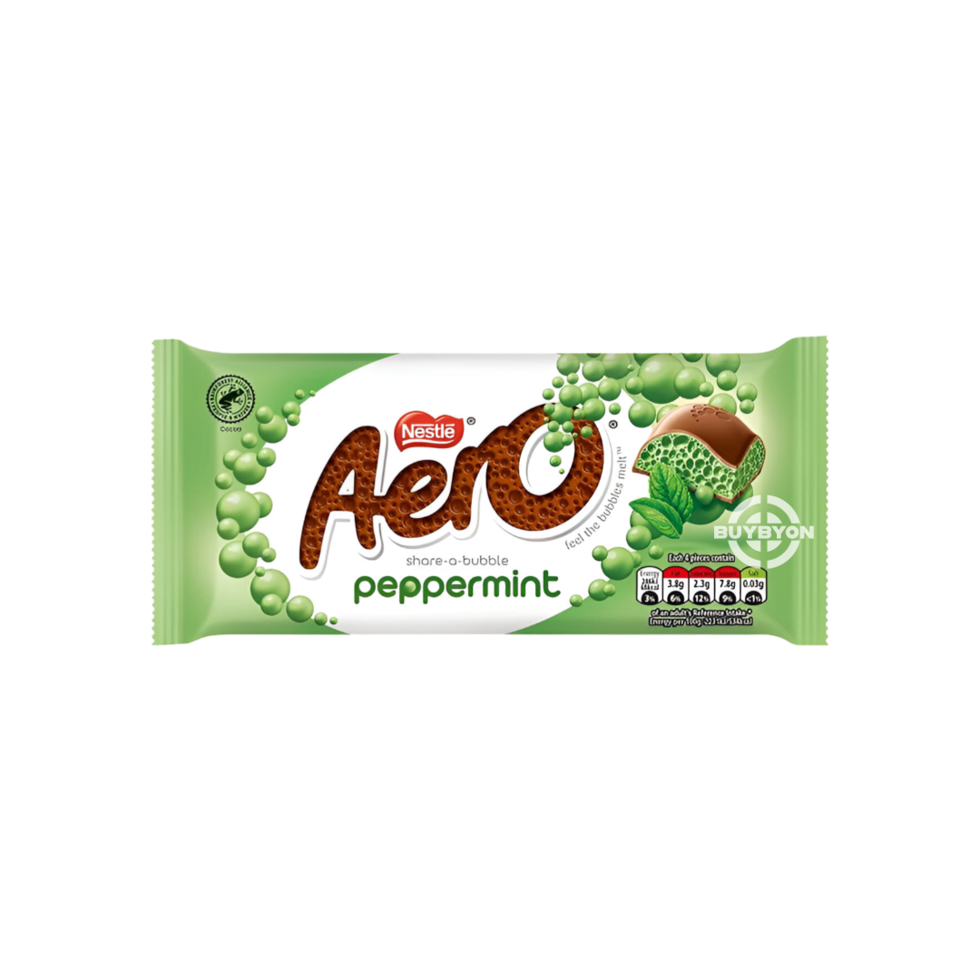 Aero Peppermint Chocolate Sharing Bar - 90g, a bubbly milk chocolate bar with a refreshing peppermint flavour.