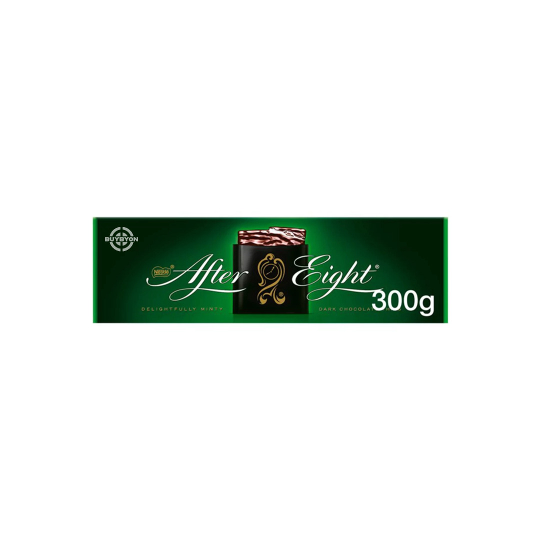 After Eight Dark Mint Chocolate - 300g box, featuring squares of dark chocolate with a mint fondant centre.