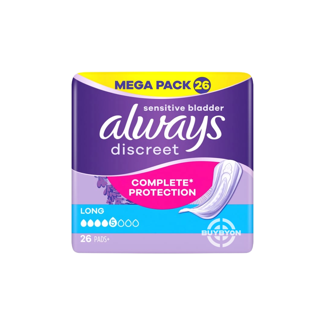 Always Discreet Long Plus Pants - 26 Pack, featuring the design and packaging for superior protection against moderate to heavy leakage.