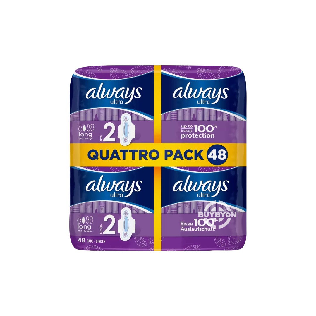 Always Ultra Long Size 2 Sanitary Towels with Wings - Pack of 48, showing the ultra-long design and wings for secure, super absorbent protection.