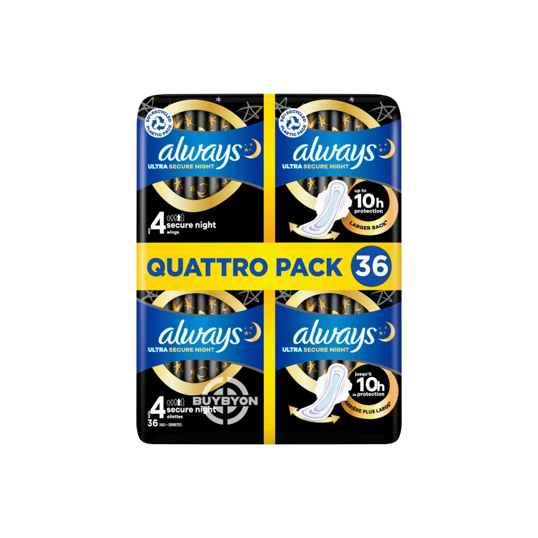 Always Ultra Night Quattro - 36 Pack, showcasing the design and packaging for superior overnight protection against heavy flow.