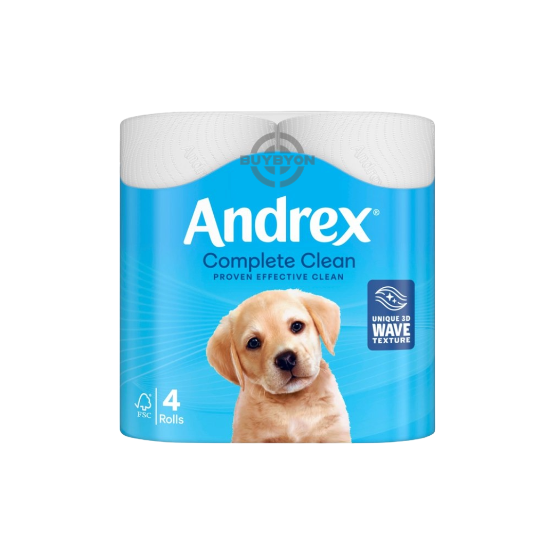 Andrex Complete Clean Toilet Tissue - 4 Rolls, featuring ultra-soft and high-absorbency toilet paper designed for comfort and reliability. Ideal for everyday bathroom use.