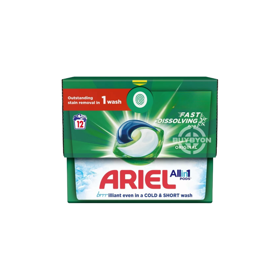 Ariel All-in-1 Pods, Washing Liquid Capsules - 12 Washes pack, featuring pre-measured pods for powerful stain removal and fabric brightening. Ideal for hassle-free and effective laundry.