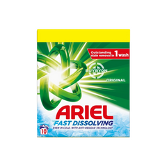 Ariel Fast Dissolving Washing Powder - 600g pack, designed for up to 10 washes with a fast-dissolving formula for effective stain removal and brightening clothes. Ideal for quick and efficient laundry.