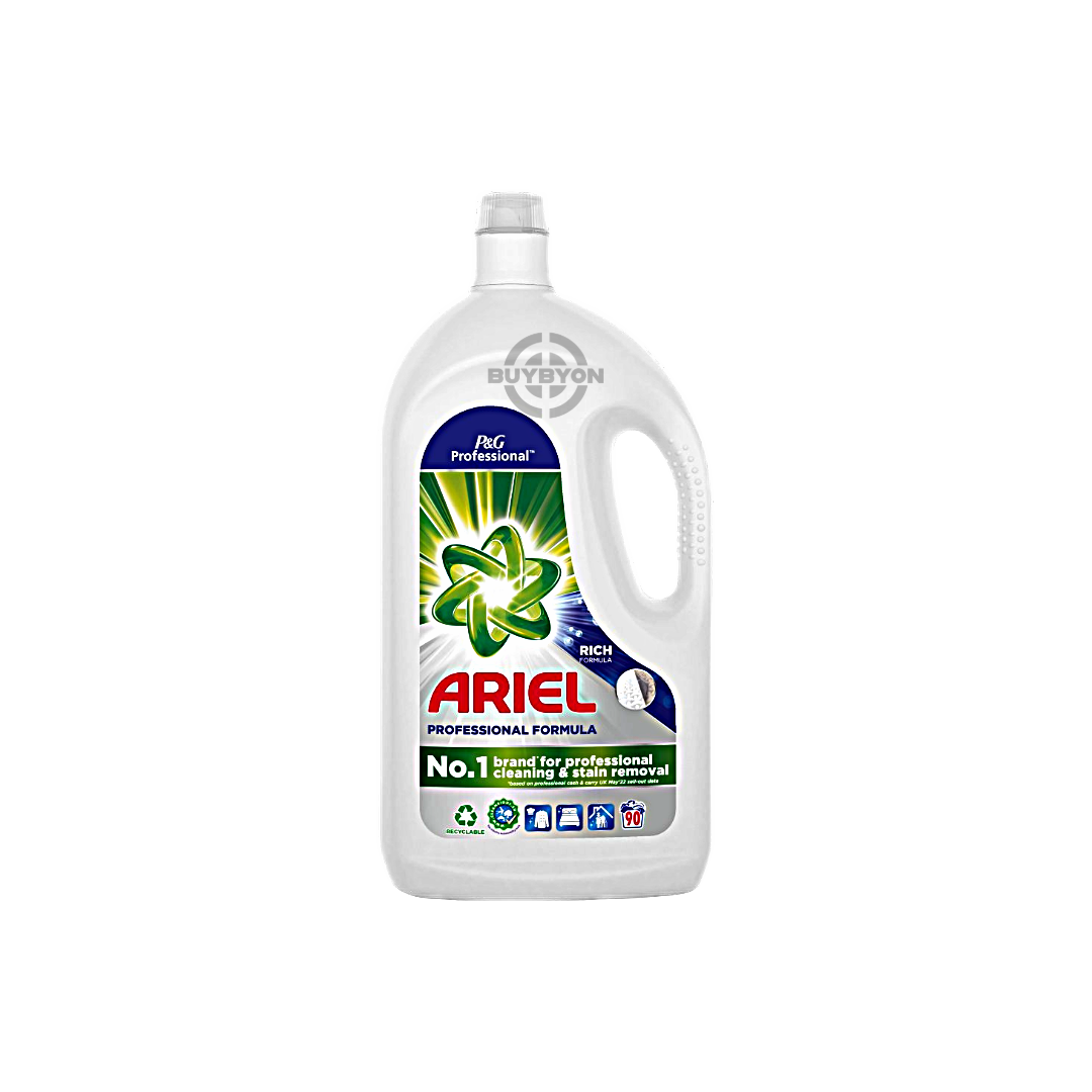 Ariel Professional Washing Liquid Laundry Detergent - 4.05L bottle, designed for up to 90 washes with advanced stain removal and cold water performance. Ideal for both home and commercial laundry needs, ensuring clothes stay vibrant and clean.