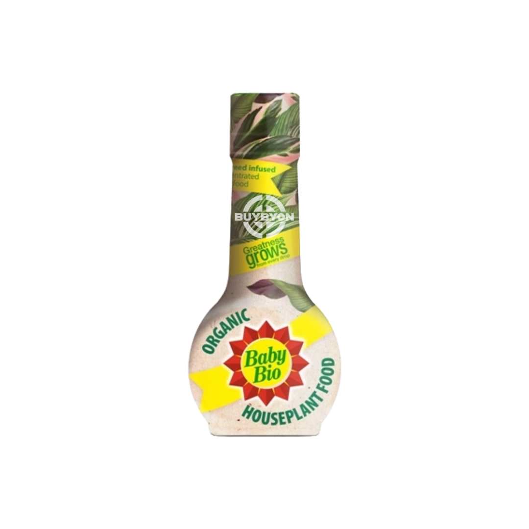 Baby Bio Organic Houseplant Food - 175ml, featuring an organic nutrient solution designed to promote healthy growth and lush foliage in indoor plants, with a user-friendly application process.