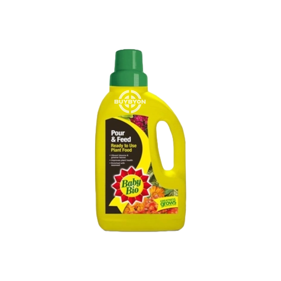 Baby Bio Pour &amp; Feed - 1L, featuring a balanced nutrient solution designed for easy application and effective plant feeding, supporting healthy growth and vibrant blooms in a variety of plants.