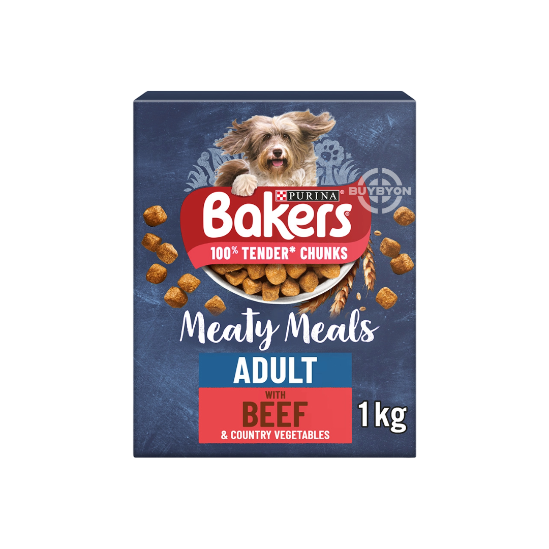  A bag of Bakers Meaty Meals Beef Dry Dog Food for adult dogs.