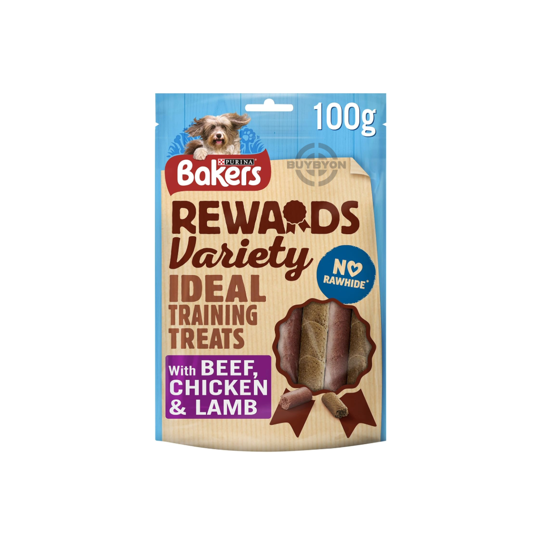 Bakers Rewards Mixed Variety Dog Treats - 100g, offering delicious and healthy dog treats ideal for training and rewarding your pet.