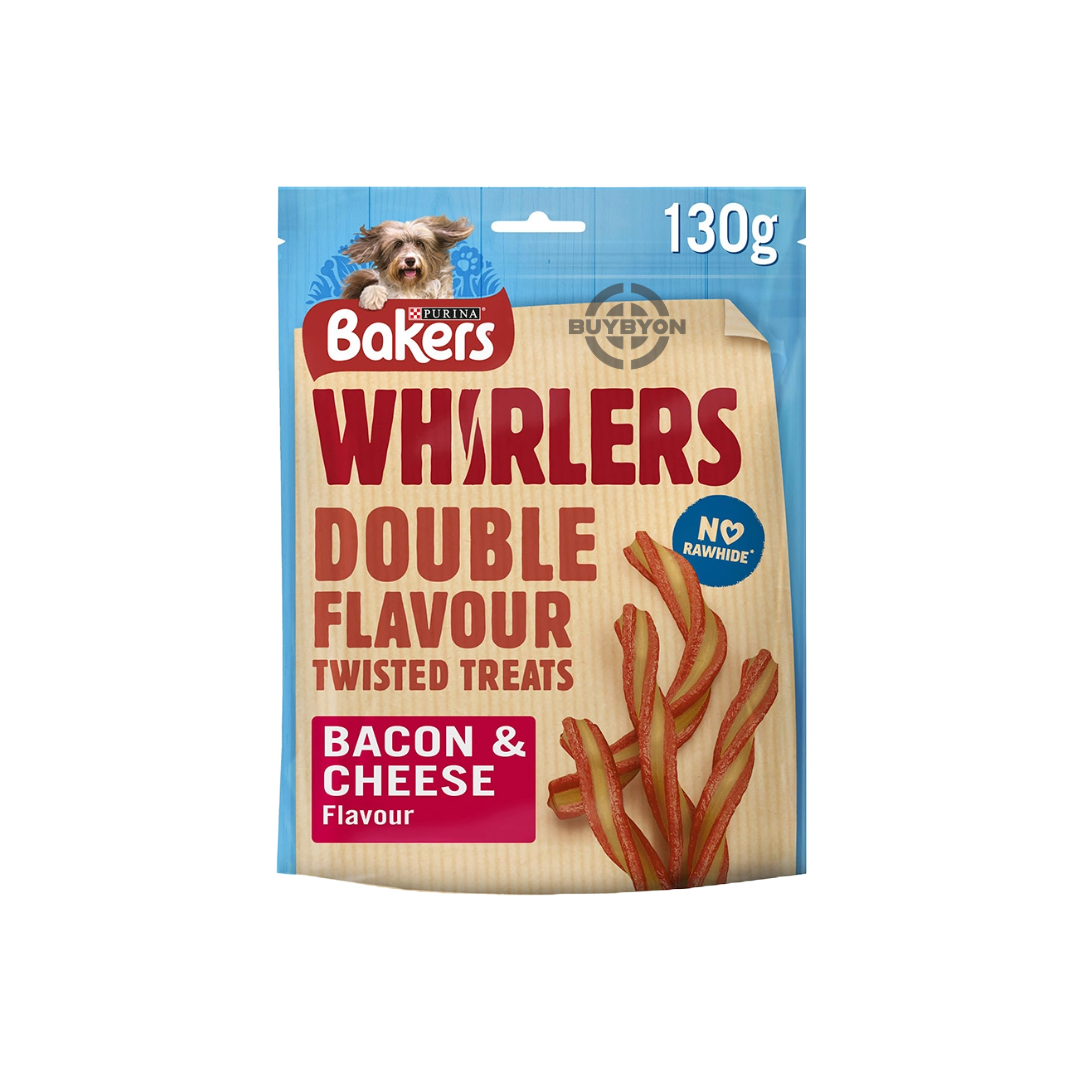 Bakers Whirlers Bacon & Cheese Dog Treats - 130g pack, featuring natural, grain-free ingredients, ideal for rewarding your dog, available at Buybyon.co.uk