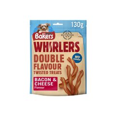 Bakers Whirlers Bacon & Cheese Dog Treats - 130g pack, featuring natural, grain-free ingredients, ideal for rewarding your dog, available at Buybyon.co.uk