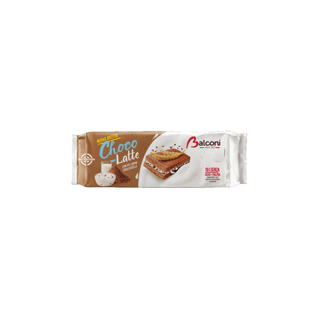 Balconi 10 Choco Latte Bars - 300g, soft sponge bars with chocolate and latte filling, individually wrapped for easy snacking.