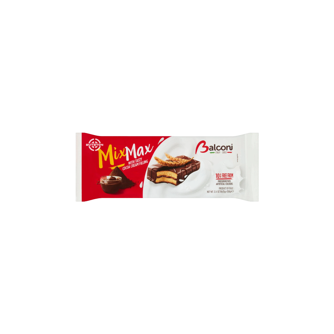 Balconi Mix Max Cacao - 350g, individually wrapped chocolate sponge bars with creamy cacao filling.