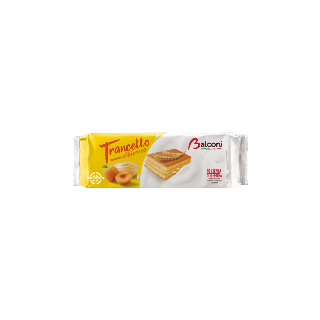 Balconi Trancetto Apricot Cake - 280g, individually wrapped soft sponge cakes with apricot filling, ideal for snacking.