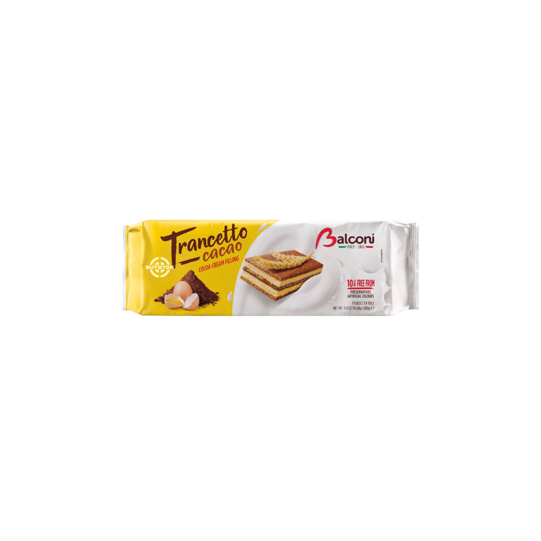 Balconi Trancetto Choco Cake - 280g, individually wrapped soft sponge cakes with chocolate filling, ideal for snacking.