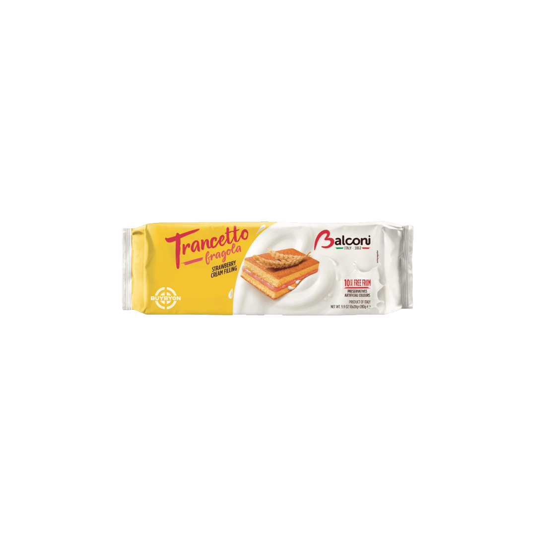 Balconi Trancetto Strawberry - 280g, individually wrapped soft sponge cakes with strawberry filling.