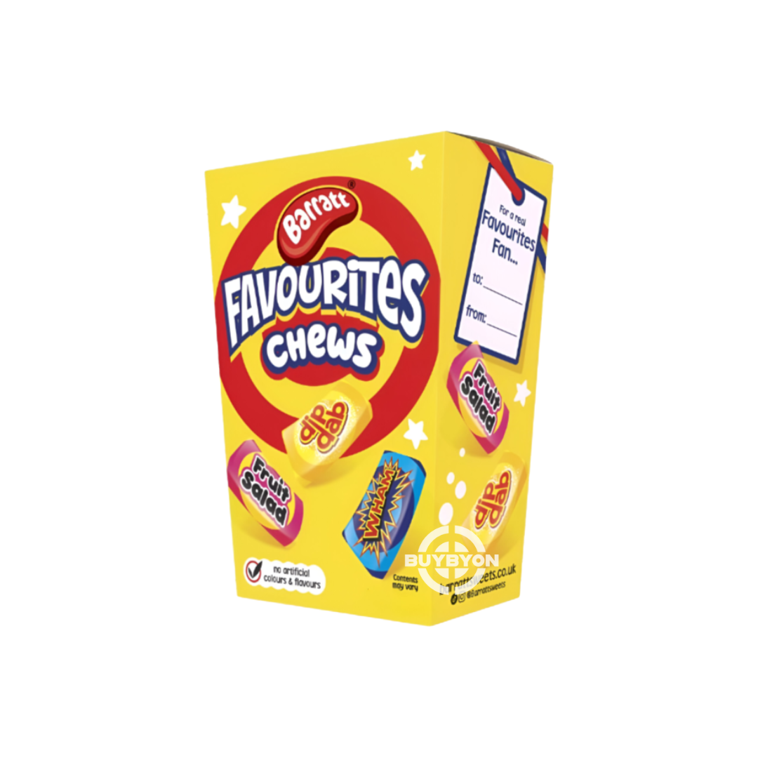 Barratt Favourites Chews Carton - 300g featuring a colourful assortment of classic chewy sweets, ideal for sharing and enjoying.