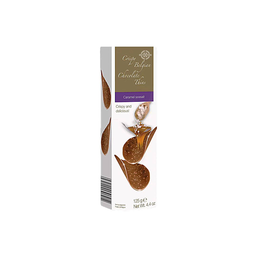 Belgian Chocolate Thins Caramel and Sea Salt - 125g, smooth chocolate thins with caramel and sea salt, Pack of 4.