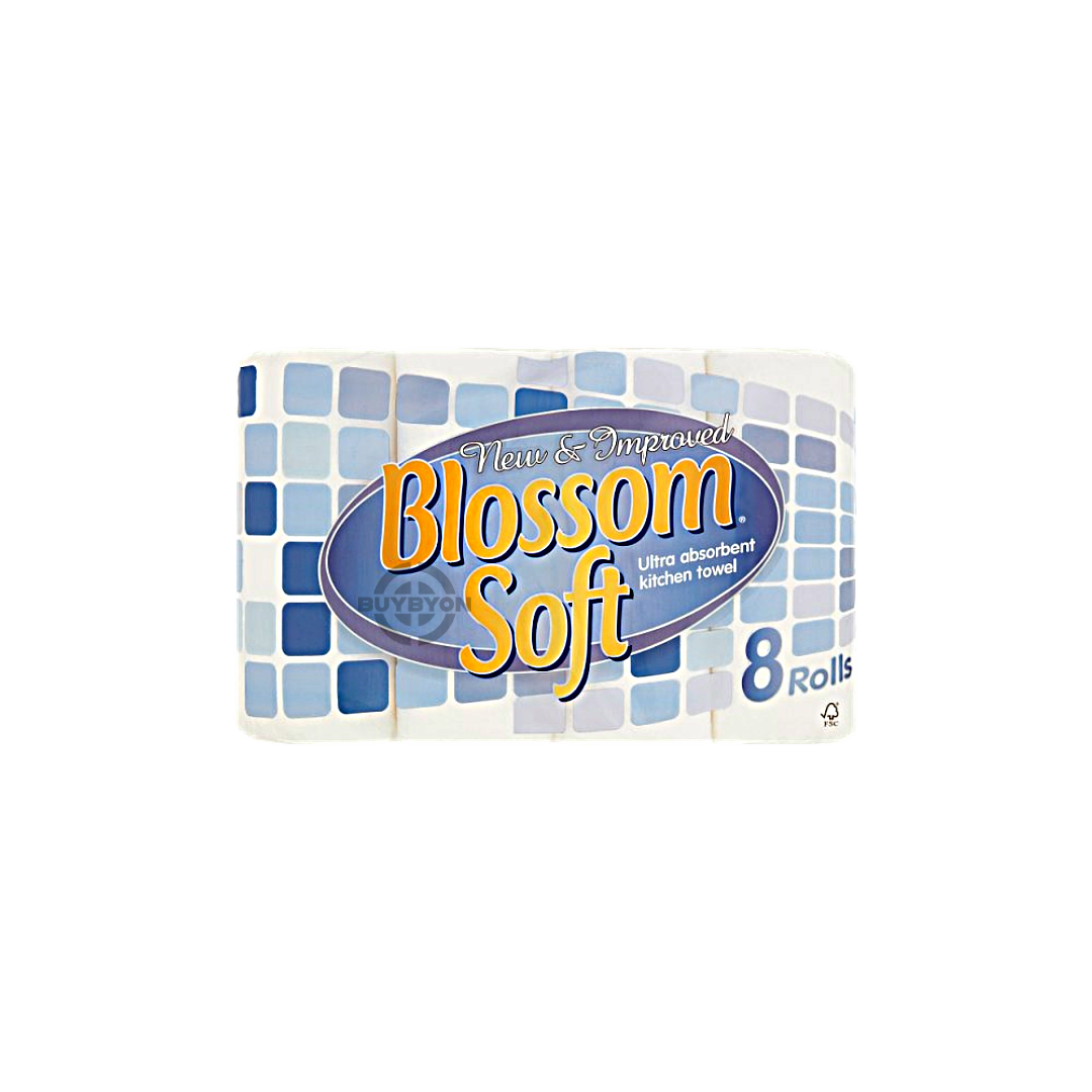 Blossom Soft Kitchen Towels - 8 rolls, featuring high absorbency and strength for effective cleaning and wiping. Ideal for handling everyday kitchen messes with extra softness.