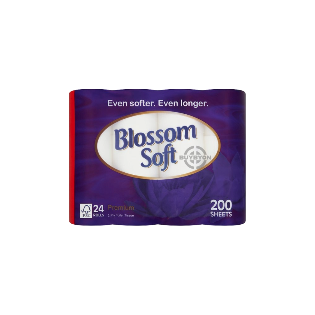 A pack of Blossom Soft Premium 2 Ply Toilet Tissue featuring 24 rolls, showcasing its luxurious softness and durable 2-ply construction for a comfortable and high-quality bathroom experience.