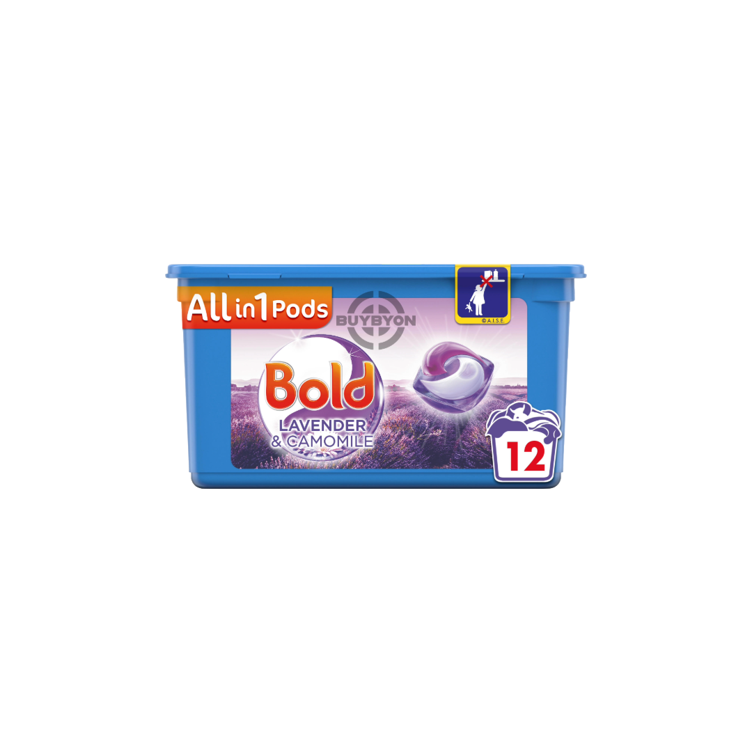 Bold All-in-1 Pods Washing Liquid Capsules - Lavender & Camomile, pack of 12 washes. Features an all-in-one formula with a soothing lavender and camomile fragrance, designed for effective stain removal and easy laundry care.