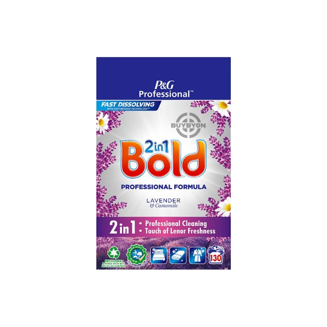 Bold Professional Powder Detergent Lavender & Camomile - 7.8kg pack, designed for up to 130 washes with effective stain removal and a refreshing lavender and camomile scent. Ideal for high-volume laundry needs, delivering clean, fresh-smelling clothes.