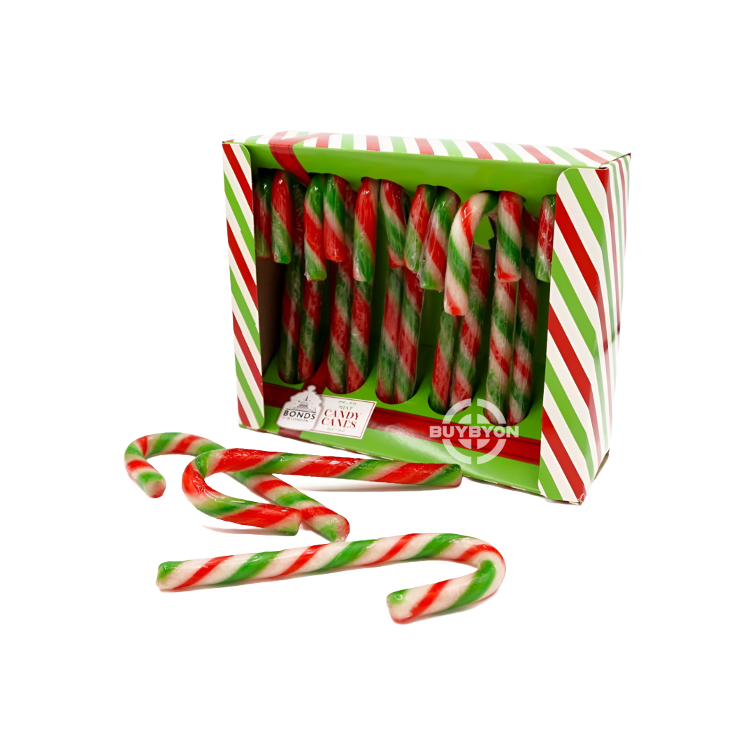 Bonds Mint Candy Canes 12 Pack - 144g featuring twelve classic mint-flavoured candy canes, perfect for festive celebrations and decorations.