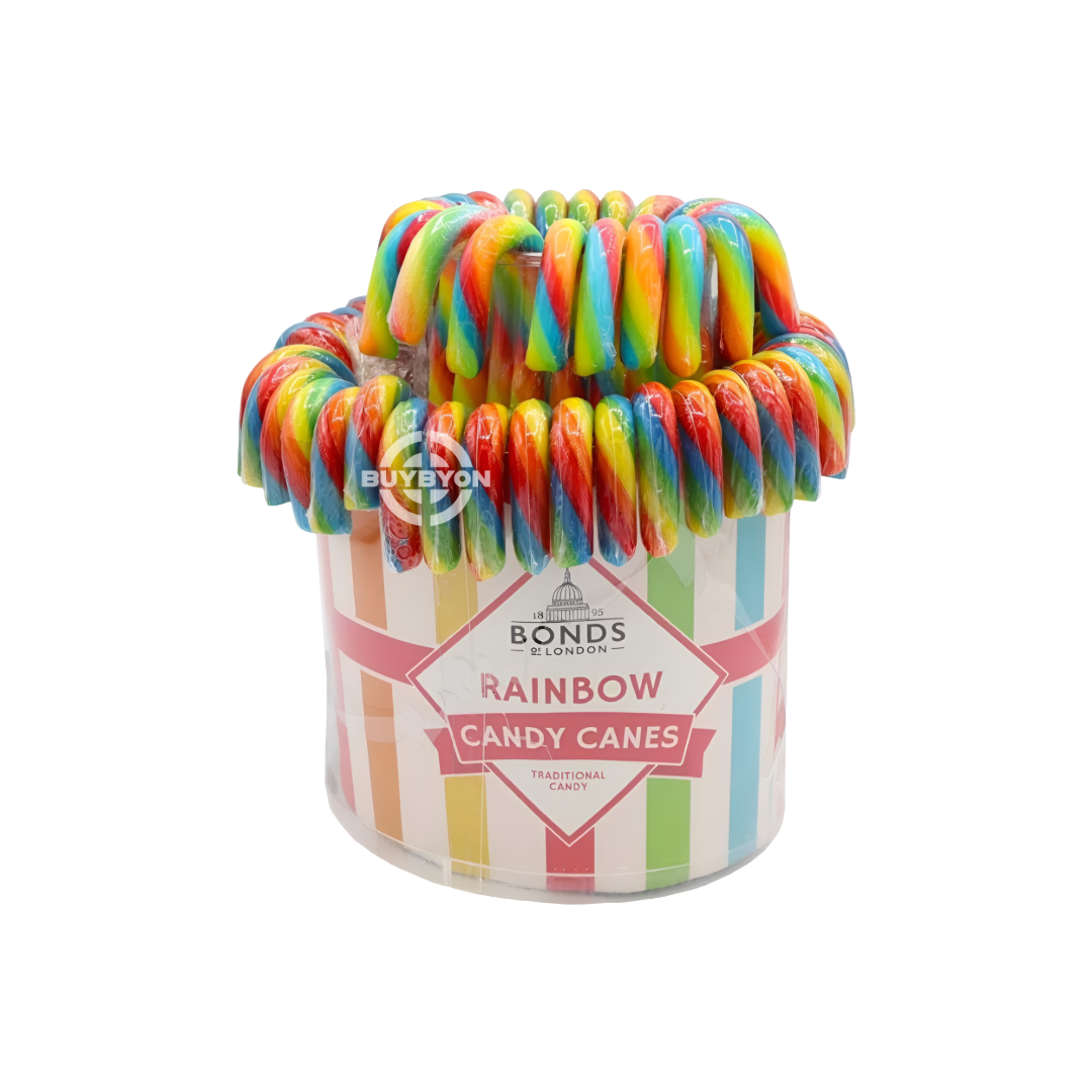 Bonds Rainbow Candy Cane Fountain - 20g featuring a colourful assortment of mini candy canes, perfect for festive celebrations and sharing.