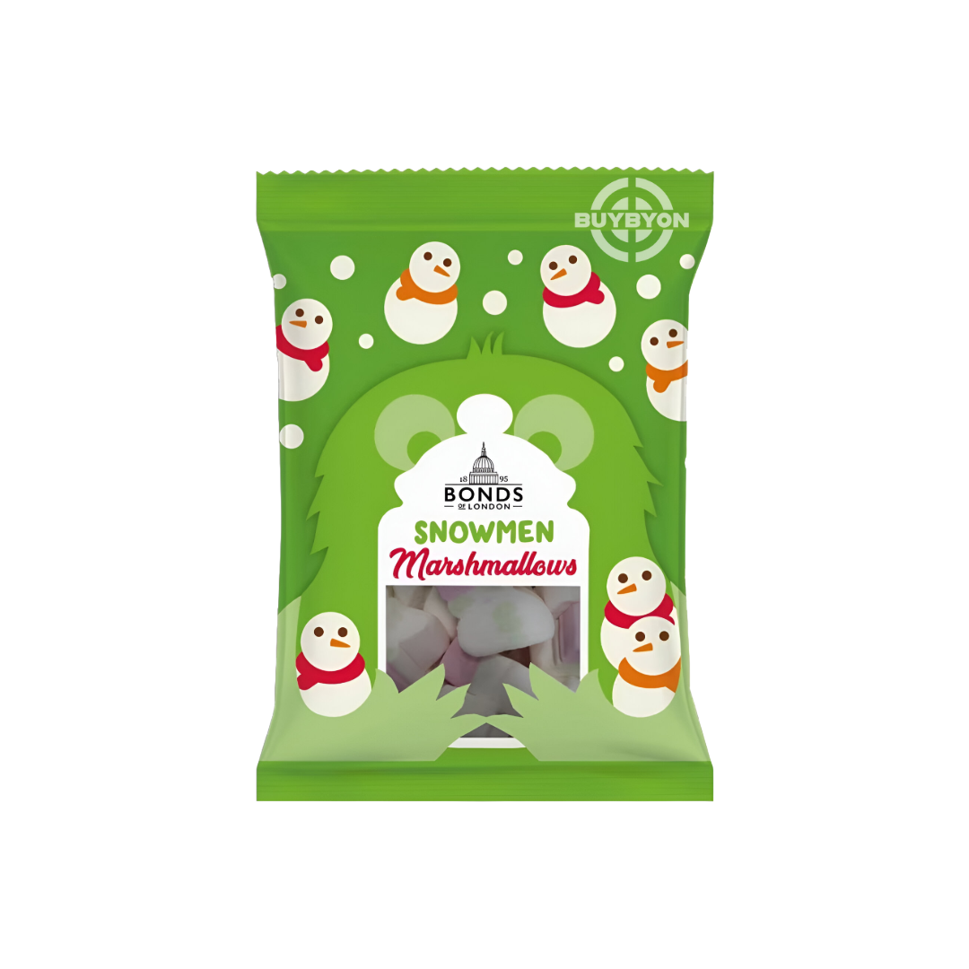 Bonds Snowmen Marshmallows Bag - 80g, featuring snowman-shaped marshmallows, perfect for festive snacking or holiday gatherings.