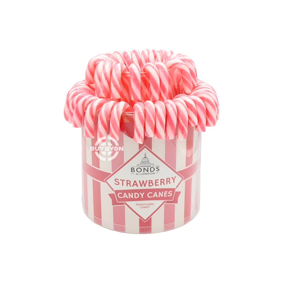 Bonds Strawberry Traditional Candy Cane Fountain - 20g featuring mini red and white strawberry-flavoured candy canes, perfect for festive celebrations and sharing.