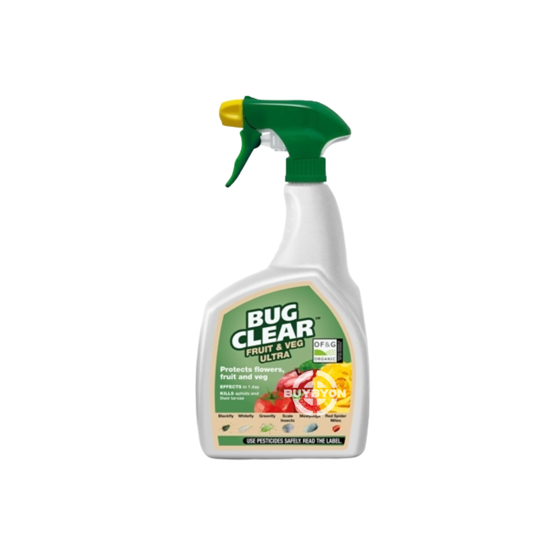 Bug Clear Pest Control Fruit Veg - 800ml, featuring a ready-to-use solution for controlling pests on fruit and vegetable plants, ensuring healthy crops with effective protection.