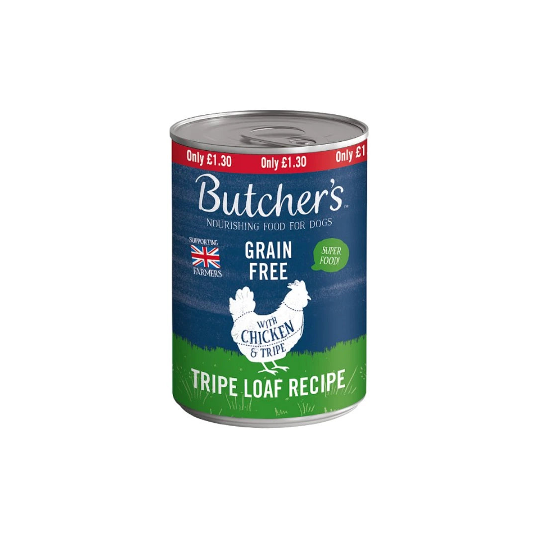 Butcher's grain-free dog food can with chicken and tripe loaf recipe on a white background