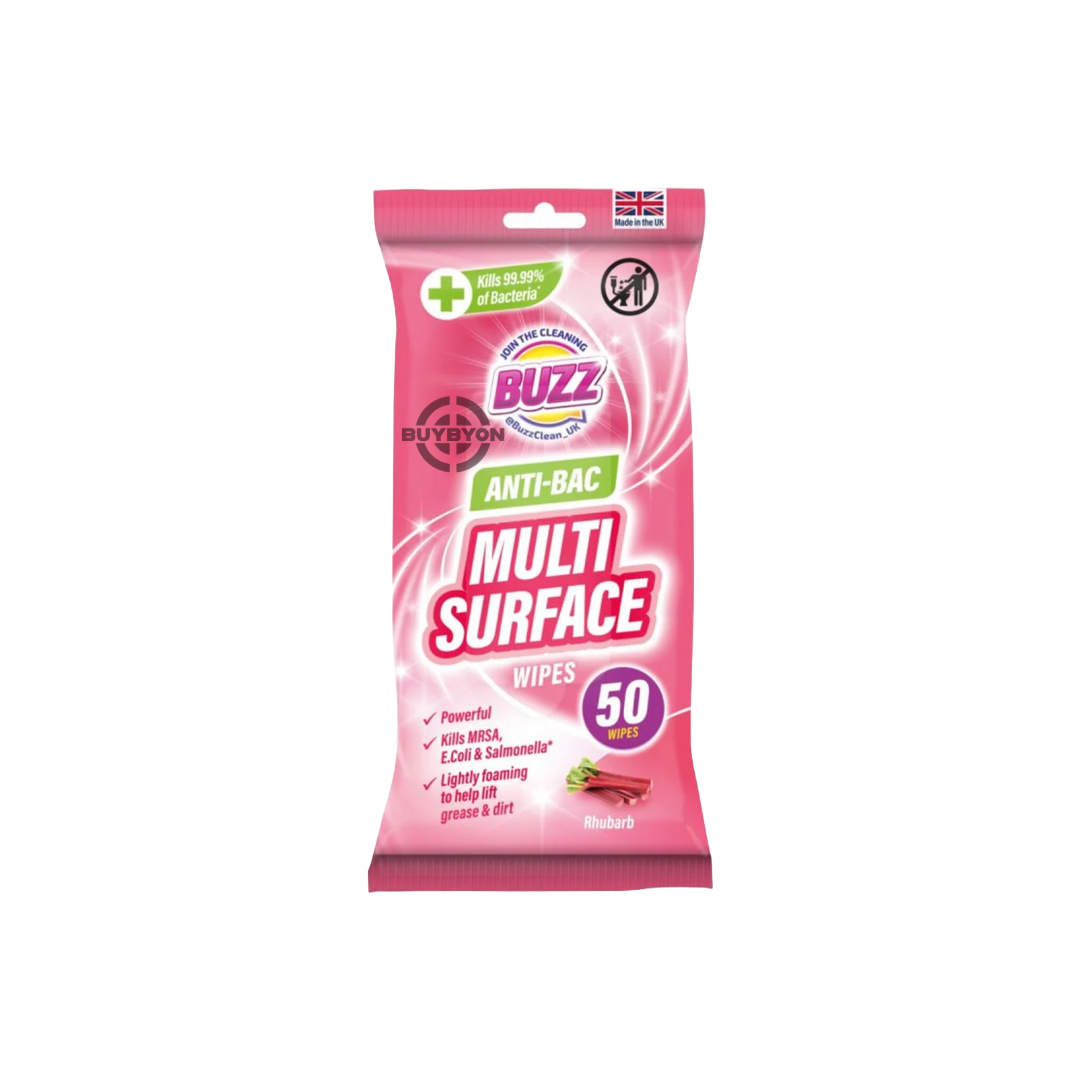 Buzz Multi Surface Rhubarb Anti-Bac Wipes - 50 pack, ideal for disinfecting various surfaces with a refreshing rhubarb scent. Convenient for home or office use, providing effective cleaning and pleasant fragrance.