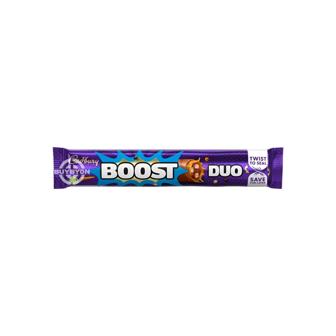 Cadbury Boost Duo Chocolate Bar - 63g showcasing a delicious chocolate bar with a chewy centre and crispy layer.