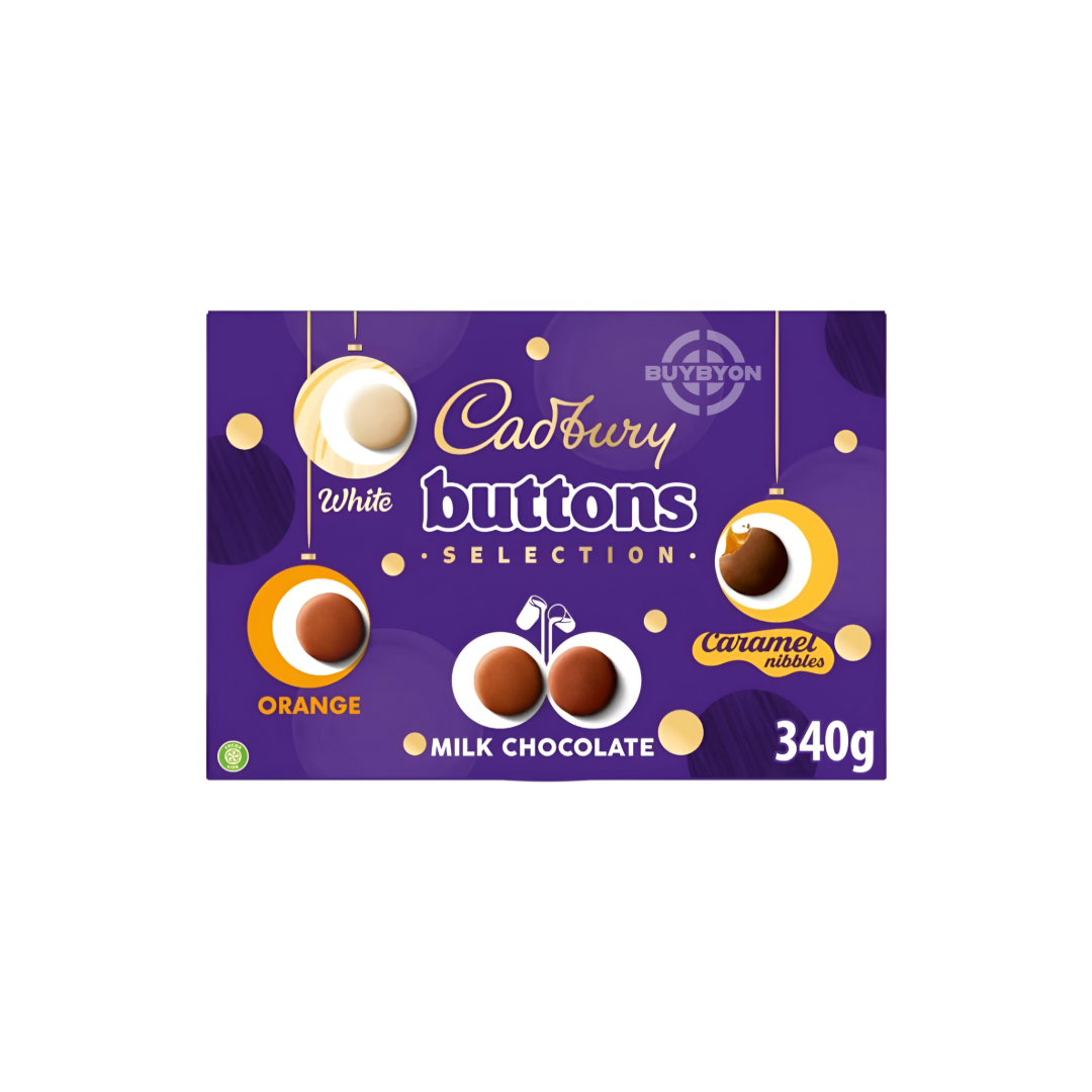 Enjoy the Cadbury Buttons Selection Box – 340g, featuring a delightful assortment of chocolate buttons perfect for sharing or gifting from Buybyon.