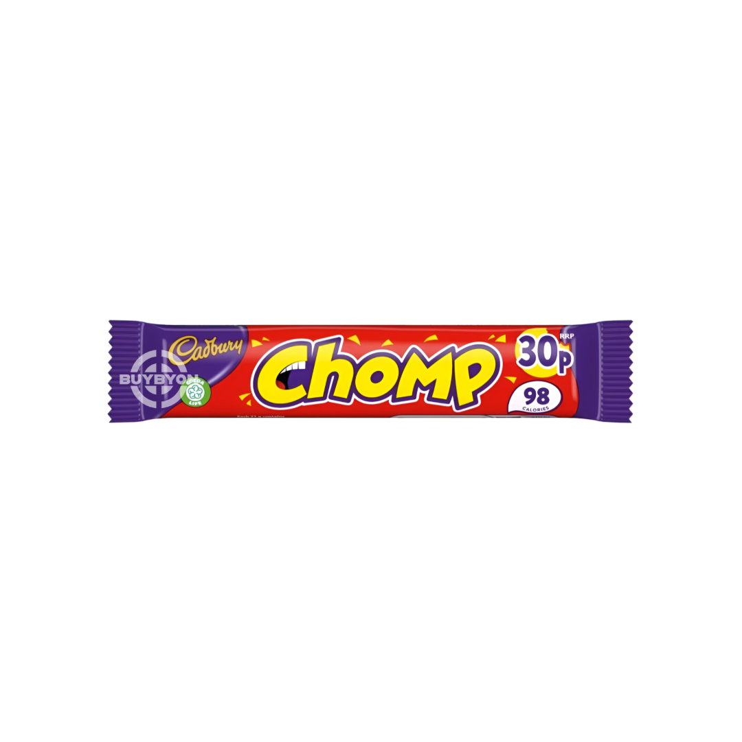 Cadbury Chomp Chocolate Bar - 21g showcasing a delicious chocolate bar with a chewy toffee centre.