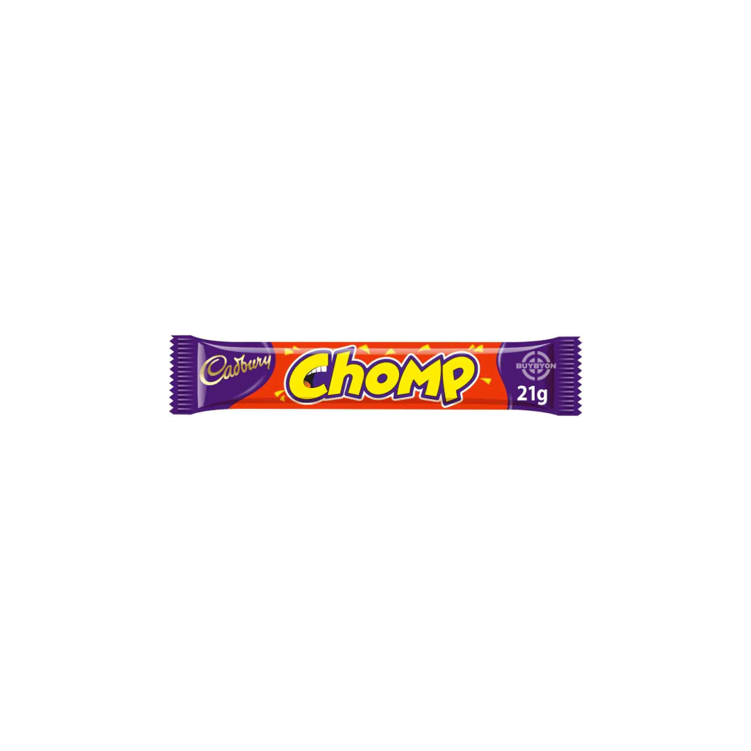 Cadbury Chomp Chocolate Bar with chewy caramel coated in smooth milk chocolate, 21g.