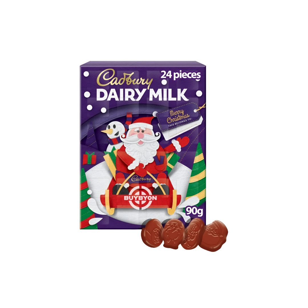 Cadbury Dairy Milk Chocolate Advent Calendar - 90g featuring a festive design with a piece of Dairy Milk chocolate behind each window.