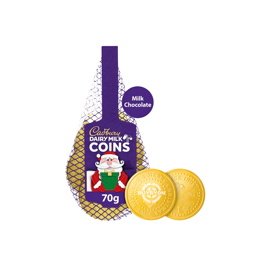 Cadbury Dairy Milk Chocolate Coins Net - 70g featuring individually foil-wrapped chocolate coins, perfect for Christmas stockings or festive snacking.