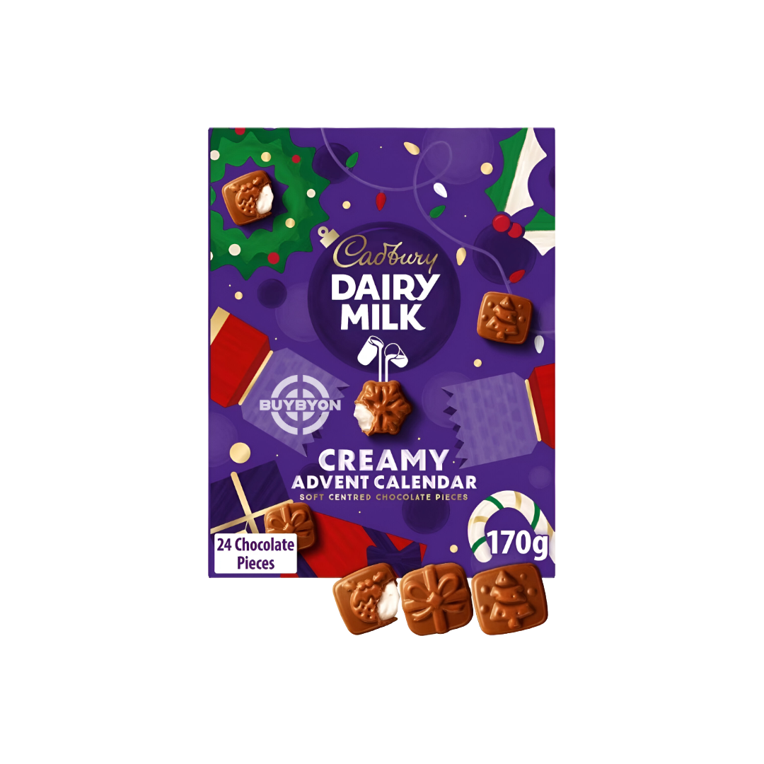 Cadbury Dairy Milk Creamy Advent Calendar - 170g showcasing a festive design with smooth Dairy Milk chocolate behind each door.