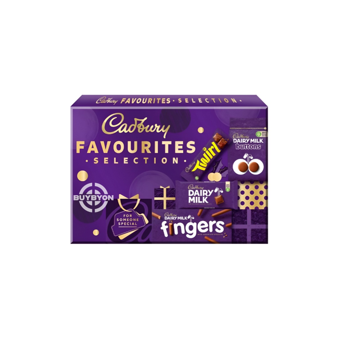 Cadbury Favourites Chocolate Christmas Selection Box - 370g featuring an assortment of classic Cadbury chocolates in a festive, holiday-themed box.