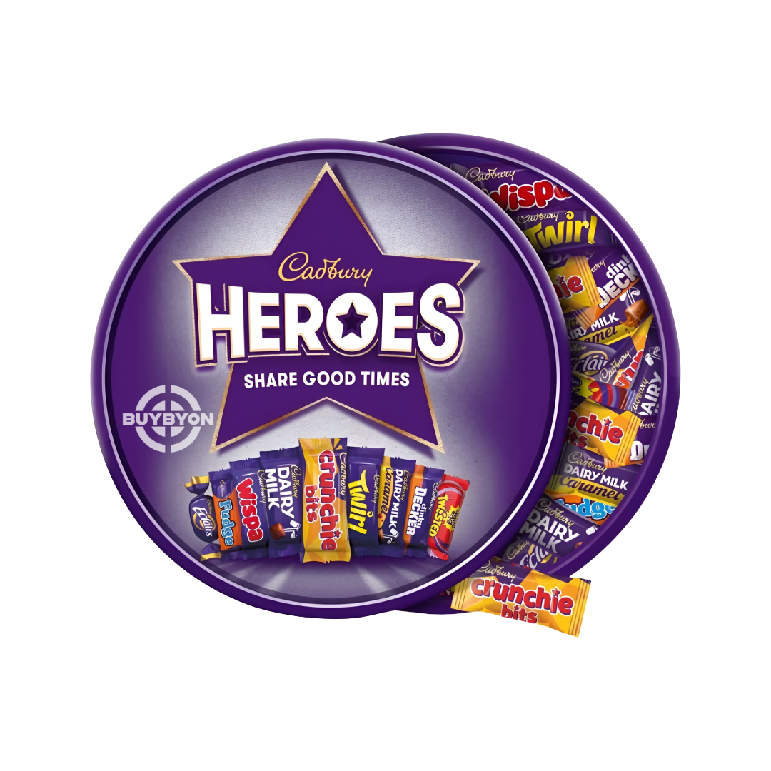 Cadbury Heroes Chocolate Tub - 550g featuring an assortment of mini Cadbury chocolates, perfect for sharing and festive gatherings.